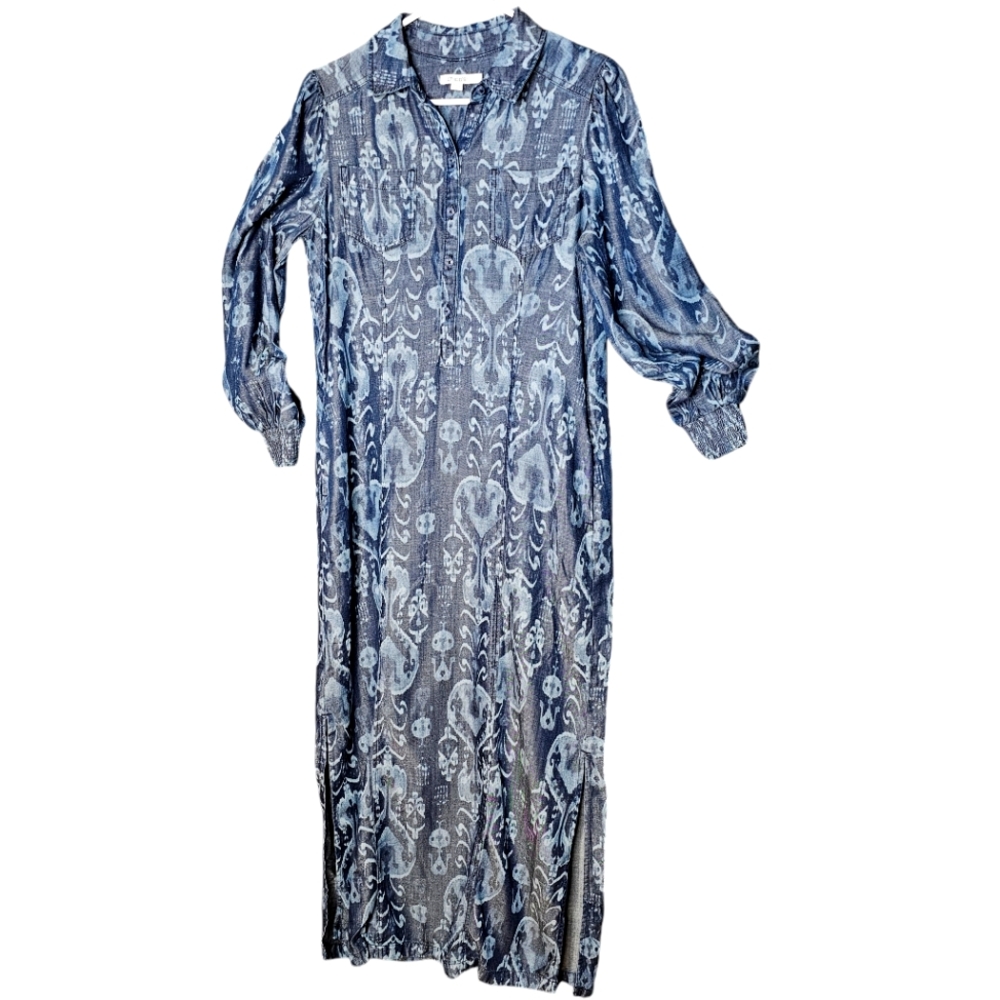 Chicos Women’s Denim Blue Pattern Shirt Maxi Dress Size 0 (Womens 4)